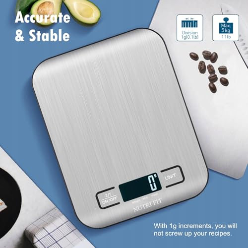 Food Scale, Kitchen Scales Digital Weight Food Grams and Ounces for Weight Loss Baking Cooking of NUTRI FIT, Max 11lb 1g Increment, Backlight LCD Smart Tare Stainless Steel, Easy to Use, AAA Battery - My Kitchen Products