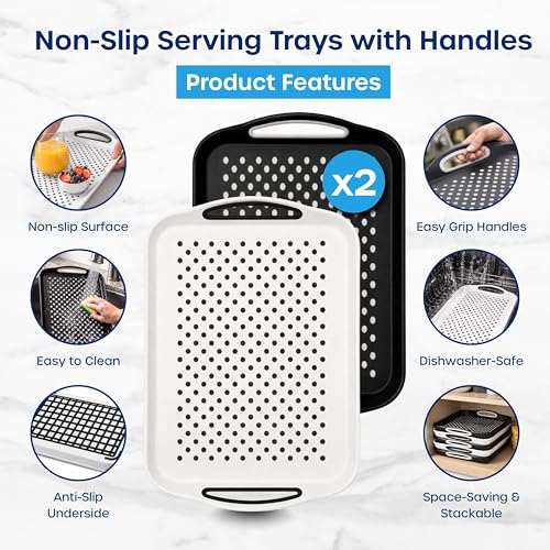 Food Trays for Eating on Couch - 2 Pack - Non Slip Dinner Trays for Eating Set of 2 Non Slip Serving Tray and Food Tray with Handles (Black & White) - My Kitchen Products