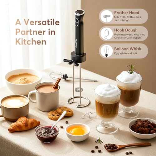 FoodVille MF06 Rechargeable Milk Frother 1800 Mah with 9 Speed and 3 Frother, LED Display Screen, Storage Stand, for Coffee Milk Foam, Cappuccino, Latte, Keto Diet, Protein Powder, Matcha, Bulletproof - My Kitchen Products