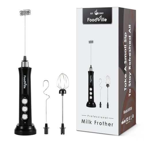 FoodVille MF09 3 in 1 Rechargeable Milk Frother Handheld Foam Maker with Charging Stand & 3 Stainless Steel Whisks (Black without Case) - My Kitchen Products