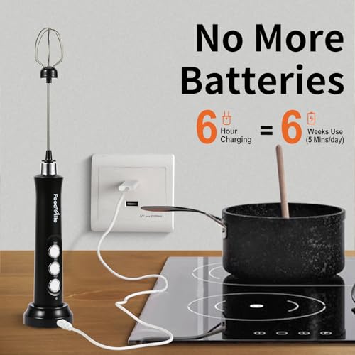 FoodVille MF09 3 in 1 Rechargeable Milk Frother Handheld Foam Maker with Charging Stand & 3 Stainless Steel Whisks (Black without Case) - My Kitchen Products