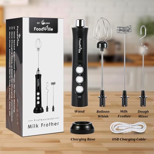 FoodVille MF09 3 in 1 Rechargeable Milk Frother Handheld Foam Maker with Charging Stand & 3 Stainless Steel Whisks (Black without Case) - My Kitchen Products