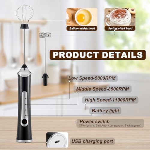 Freebala Handheld Electric Milk Frother with 2 Heads, Coffee Whisk Foam Mixer with USB Rechargeable 3 Speeds, Foam Maker Blender for Latte, Cappuccino, Hot Chocolate, Egg (Black) - My Kitchen Products