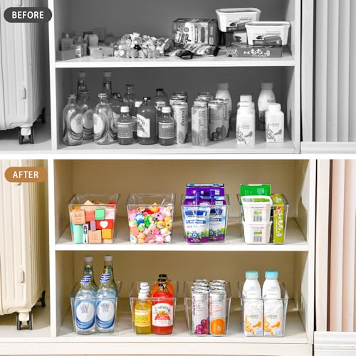 Freebat 12 Pack Middle Organizers and Storage, Pantry Organization and Storage Bins, Cabinet Organizer, Clear Plastic Storage Containers with Handle，Acrylic Storage Bins for Cabinet, Fridge - My Kitchen Products