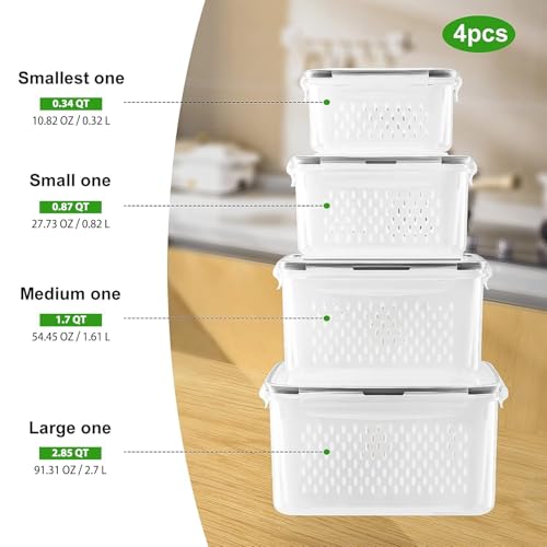 Freshmage Fruit Storage Containers for Fridge with Removable Colander, Airtight Food Storage Container, Dishwasher Safe Produce Saver for Refrigerator, Keep Berry Fruit Fresh Longer 4 pcs Small Clear - My Kitchen Products