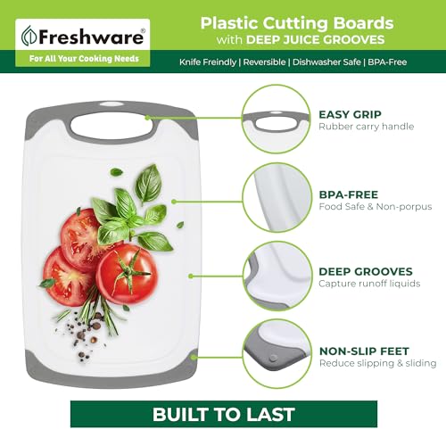 Freshware Cutting Boards for Kitchen, Chopping Board 3-Pack with Different Sizes, Juice Grooves and Non Slip Handles - Reversible, Large Cutting Board Set - Dishwasher Safe - Gray - My Kitchen Products