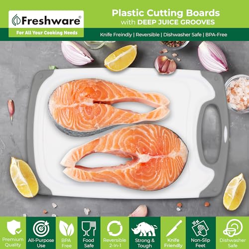 Freshware Cutting Boards for Kitchen, Chopping Board 3-Pack with Different Sizes, Juice Grooves and Non Slip Handles - Reversible, Large Cutting Board Set - Dishwasher Safe - Gray - My Kitchen Products