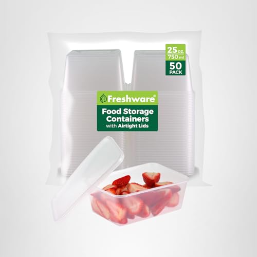 Freshware Food Storage Containers [50 Set] 25 oz Plastic Deli Containers with Lids, Slime, Soup, Meal Prep Containers, BPA Free, Stackable, Leakproof, Microwave, Dishwasher and Freezer Safe - My Kitchen Products