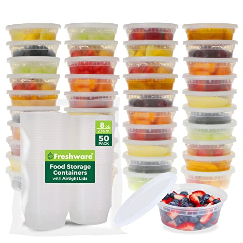 Freshware Food Storage Containers [50 Set] 8 oz Plastic Deli Containers with Lids, Slime, Soup, Meal Prep Containers | BPA Free | Stackable | Leakproof | Microwave/Dishwasher/Freezer Safe - My Kitchen Products