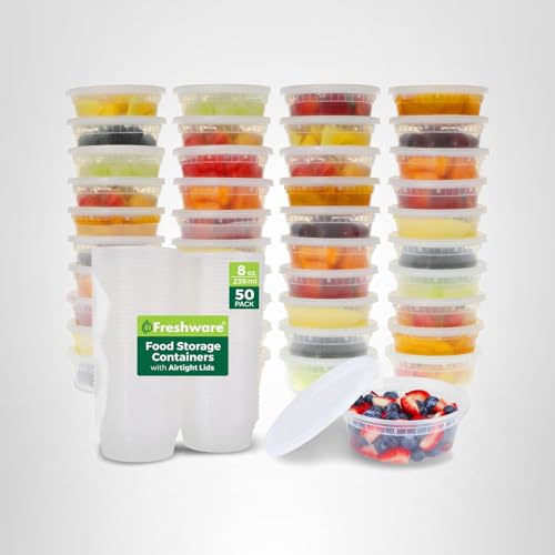 Freshware Food Storage Containers [50 Set] 8 oz Plastic Deli Containers with Lids, Slime, Soup, Meal Prep Containers | BPA Free | Stackable | Leakproof | Microwave/Dishwasher/Freezer Safe - My Kitchen Products