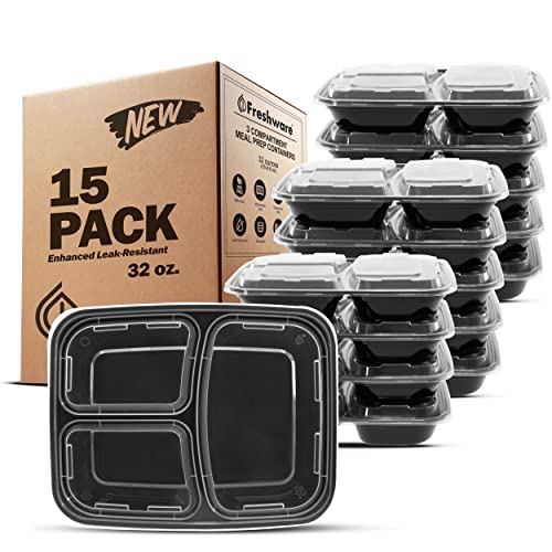 Freshware Meal Prep Containers [15 Pack] 3 Compartment with Lids, Food Containers, Lunch Box, BPA Free, Stackable, Bento Box, Microwave/Dishwasher/Freezer Safe (32 oz) - My Kitchen Products