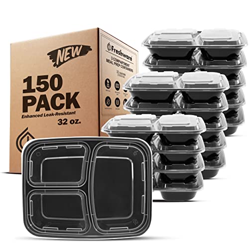 Freshware Meal Prep Containers [150 Pack] 3 Compartment with Lids, Food Containers, Lunch Box, Stackable, Bento Box, Microwave/Dishwasher Safe (32 oz) - My Kitchen Products