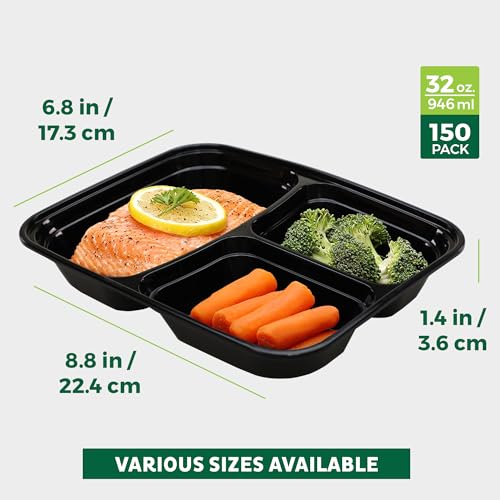 Freshware Meal Prep Containers [150 Pack] 3 Compartment with Lids, Food Containers, Lunch Box, Stackable, Bento Box, Microwave/Dishwasher Safe (32 oz) - My Kitchen Products