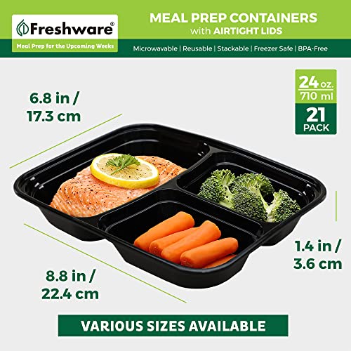 Freshware Meal Prep Containers 21 Count (Pack of 1), 3 Compartment with Lids, Food Storage Containers, Bento Box, Stackable, Microwave/Dishwasher/Freezer Safe (24 oz) - My Kitchen Products