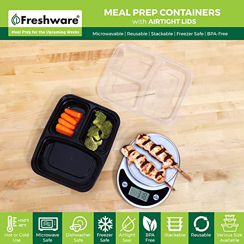 Freshware Meal Prep Containers 21 Count (Pack of 1), 3 Compartment with Lids, Food Storage Containers, Bento Box, Stackable, Microwave/Dishwasher/Freezer Safe (24 oz) - My Kitchen Products