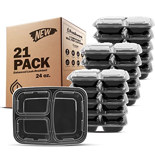 Freshware Meal Prep Containers 21 Count (Pack of 1), 3 Compartment with Lids, Food Storage Containers, Bento Box, Stackable, Microwave/Dishwasher/Freezer Safe (24 oz) - My Kitchen Products