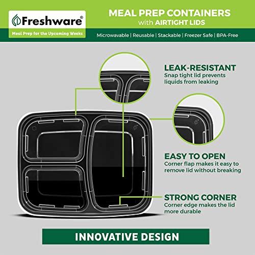 Freshware Meal Prep Containers 21 Count (Pack of 1), 3 Compartment with Lids, Food Storage Containers, Bento Box, Stackable, Microwave/Dishwasher/Freezer Safe (24 oz) - My Kitchen Products