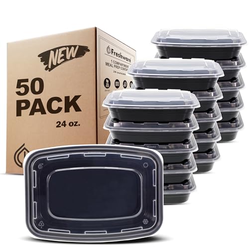 Freshware Meal Prep Containers [50 Pack] 1 Compartment with Lids, Food Storage Containers, Bento Box, BPA Free, Stackable, Microwave/Dishwasher/Freezer Safe (24 oz) - My Kitchen Products