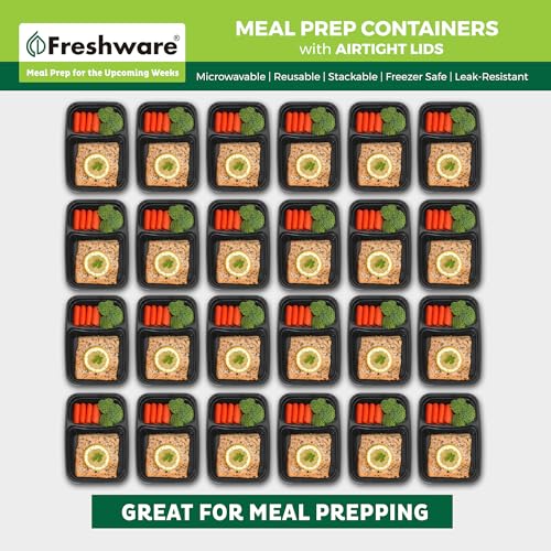 Freshware Meal Prep Containers [50 Pack] 2 Compartment with Lids, Food Storage Containers, Bento Box, BPA Free, Stackable, Microwave/Dishwasher/Freezer Safe (28 oz) - My Kitchen Products