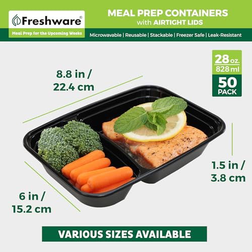 Freshware Meal Prep Containers [50 Pack] 2 Compartment with Lids, Food Storage Containers, Bento Box, BPA Free, Stackable, Microwave/Dishwasher/Freezer Safe (28 oz) - My Kitchen Products