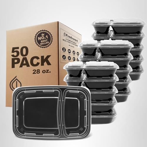 Freshware Meal Prep Containers [50 Pack] 2 Compartment with Lids, Food Storage Containers, Bento Box, BPA Free, Stackable, Microwave/Dishwasher/Freezer Safe (28 oz) - My Kitchen Products