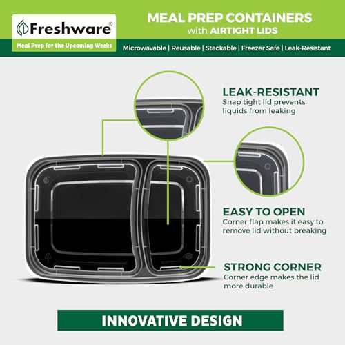 Freshware Meal Prep Containers [50 Pack] 2 Compartment with Lids, Food Storage Containers, Bento Box, BPA Free, Stackable, Microwave/Dishwasher/Freezer Safe (28 oz) - My Kitchen Products