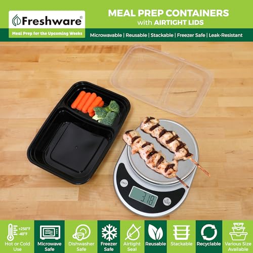 Freshware Meal Prep Containers [50 Pack] 2 Compartment with Lids, Food Storage Containers, Bento Box, BPA Free, Stackable, Microwave/Dishwasher/Freezer Safe (28 oz) - My Kitchen Products