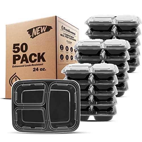 Freshware Meal Prep Containers [50 Pack] 3 Compartment Food Storage Containers with Lids, Bento Box, BPA Free, Stackable, Microwave/Dishwasher/Freezer Safe (24 oz) - My Kitchen Products