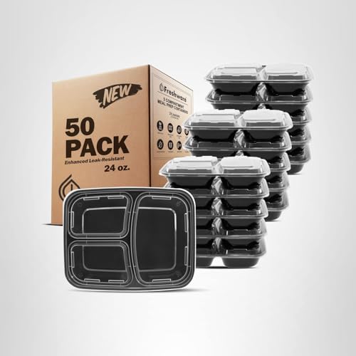 Freshware Meal Prep Containers [50 Pack] 3 Compartment Food Storage Containers with Lids, Bento Box, BPA Free, Stackable, Microwave/Dishwasher/Freezer Safe (24 oz) - My Kitchen Products