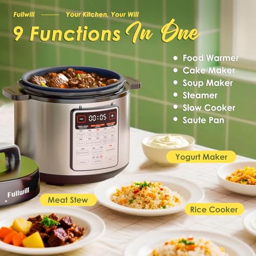 Fullwill 9-in-1 Electric Pressure Cooker, 12 Presets Instant Multi Cooker, Olla de Presion Nonstick Pot 6 Quarts Slow Cooker, Rice Cooker, Steamer, Sauté, Yogurt Maker, Warmer - My Kitchen Products