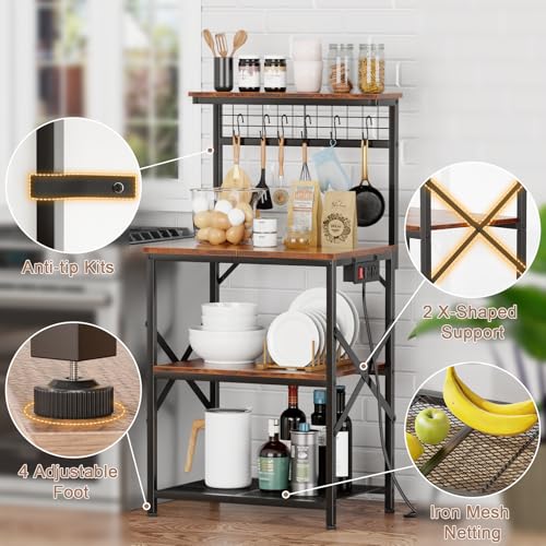 Furologee Kitchen Bakers Rack with Power Outlet, Microwave Oven Stand with Storage 4 Tiers, Coffee Bar Table with 6 S Hooks, Kitchen Storage Shelf Rack for Spices, Pots, Rustic Brown - My Kitchen Products