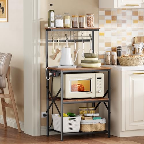 Furologee Kitchen Bakers Rack with Power Outlet, Microwave Oven Stand with Storage 4 Tiers, Coffee Bar Table with 6 S Hooks, Kitchen Storage Shelf Rack for Spices, Pots, Rustic Brown - My Kitchen Products