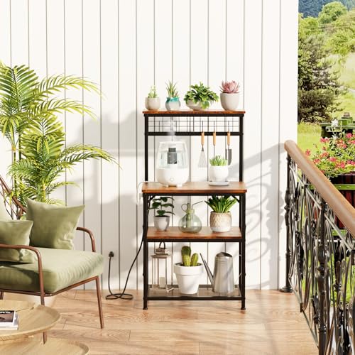 Furologee Kitchen Bakers Rack with Power Outlet, Microwave Oven Stand with Storage 4 Tiers, Coffee Bar Table with 6 S Hooks, Kitchen Storage Shelf Rack for Spices, Pots, Rustic Brown - My Kitchen Products