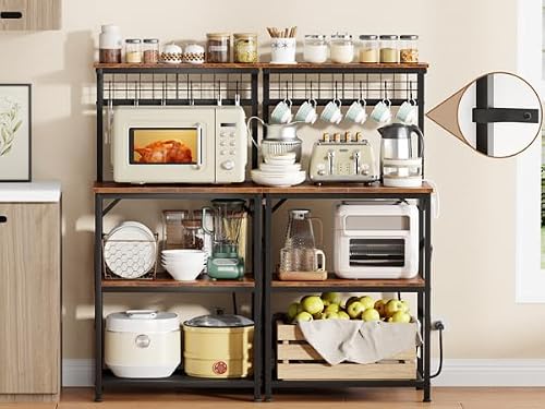 Furologee Kitchen Bakers Rack with Power Outlet, Microwave Oven Stand with Storage 4 Tiers, Coffee Bar Table with 6 S Hooks, Kitchen Storage Shelf Rack for Spices, Pots, Rustic Brown - My Kitchen Products