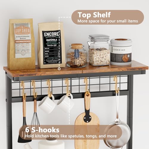 Furologee Kitchen Bakers Rack with Power Outlet, Microwave Oven Stand with Storage 4 Tiers, Coffee Bar Table with 6 S Hooks, Kitchen Storage Shelf Rack for Spices, Pots, Rustic Brown - My Kitchen Products