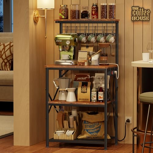 Furologee Kitchen Bakers Rack with Power Outlet, Microwave Oven Stand with Storage 4 Tiers, Coffee Bar Table with 6 S Hooks, Kitchen Storage Shelf Rack for Spices, Pots, Rustic Brown - My Kitchen Products