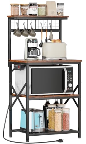 Furologee Kitchen Bakers Rack with Power Outlet, Microwave Oven Stand with Storage 4 Tiers, Coffee Bar Table with 6 S Hooks, Kitchen Storage Shelf Rack for Spices, Pots, Rustic Brown - My Kitchen Products