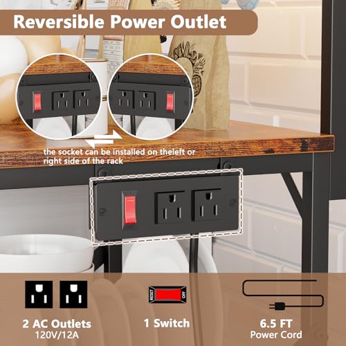 Furologee Kitchen Bakers Rack with Power Outlet, Microwave Oven Stand with Storage 4 Tiers, Coffee Bar Table with 6 S Hooks, Kitchen Storage Shelf Rack for Spices, Pots, Rustic Brown - My Kitchen Products