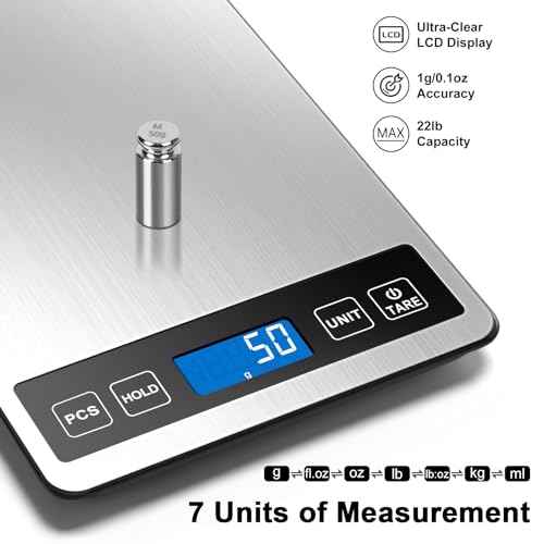 Fuzion Food Scale, 1g/0.1oz Digital Kitchen Scale - 22lb, 7 Units, Tare & PCS, Rechargeable Power, Tempered Glass & Stainless Steel - Food Weight Scale Grams and Ounces for Cooking, Baking - My Kitchen Products