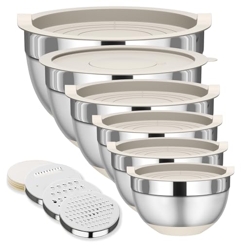 Fyrnova Mixing Bowls with Lids Set, 6 Piece Stainless Steel Nesting Storage Bowls for Kitchen, with 3 Grater Attachments & Non-Slip Bottoms, Size 5.5,3.5,2.5,2.1,1.5,1.1 QT - My Kitchen Products