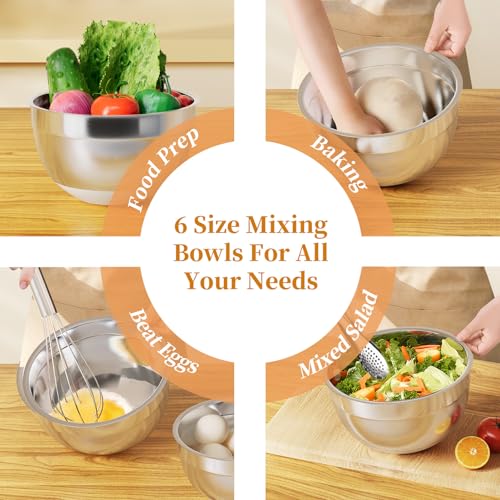 Fyrnova Mixing Bowls with Lids Set, 6 Piece Stainless Steel Nesting Storage Bowls for Kitchen, with 3 Grater Attachments & Non-Slip Bottoms, Size 5.5,3.5,2.5,2.1,1.5,1.1 QT - My Kitchen Products