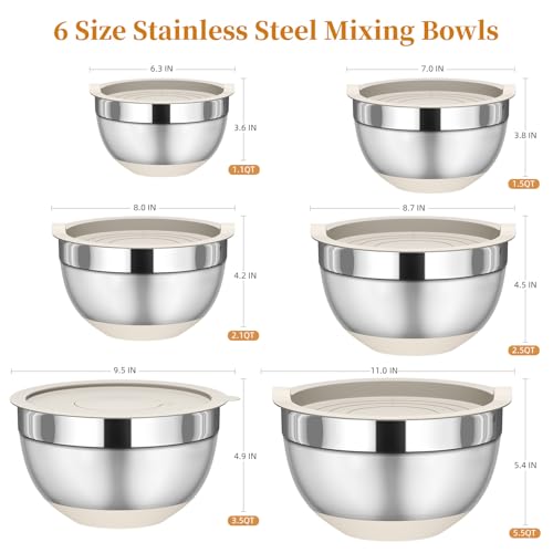 Fyrnova Mixing Bowls with Lids Set, 6 Piece Stainless Steel Nesting Storage Bowls for Kitchen, with 3 Grater Attachments & Non-Slip Bottoms, Size 5.5,3.5,2.5,2.1,1.5,1.1 QT - My Kitchen Products