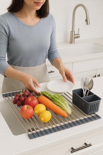 Gabrielline Expandable Roll Up Dish Drying Rack for Kitchen Sink, 21.6” x 12.7” Stainless Steel Over Sink Drying Mat with Utensil Holder & Drip Tray, Space Saving Heavy Duty Kitchen Rack Set - My Kitchen Products