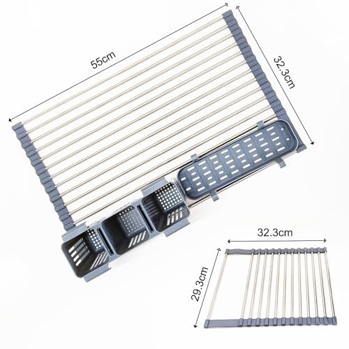 Gabrielline Expandable Roll Up Dish Drying Rack for Kitchen Sink, 21.6” x 12.7” Stainless Steel Over Sink Drying Mat with Utensil Holder & Drip Tray, Space Saving Heavy Duty Kitchen Rack Set - My Kitchen Products