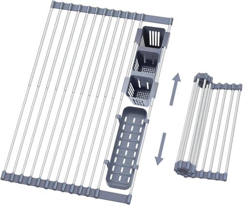 Gabrielline Expandable Roll Up Dish Drying Rack for Kitchen Sink, 21.6” x 12.7” Stainless Steel Over Sink Drying Mat with Utensil Holder & Drip Tray, Space Saving Heavy Duty Kitchen Rack Set - My Kitchen Products