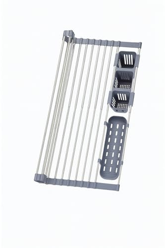Gabrielline Expandable Roll Up Dish Drying Rack for Kitchen Sink, 21.6” x 12.7” Stainless Steel Over Sink Drying Mat with Utensil Holder & Drip Tray, Space Saving Heavy Duty Kitchen Rack Set - My Kitchen Products