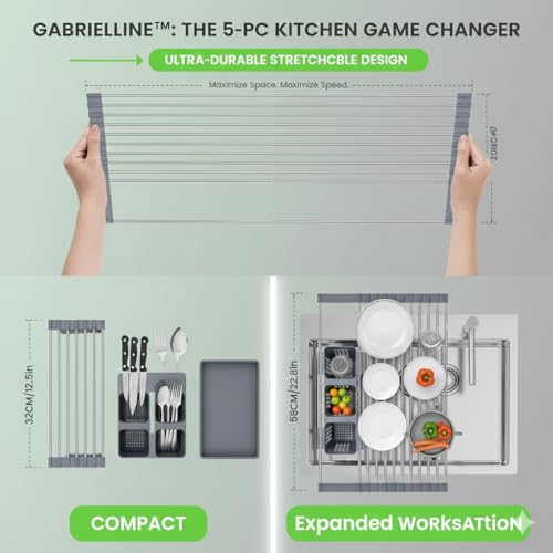 Gabrielline Expandable Roll Up Dish Drying Rack for Kitchen Sink, 21.6” x 12.7” Stainless Steel Over Sink Drying Mat with Utensil Holder & Drip Tray, Space Saving Heavy Duty Kitchen Rack Set - My Kitchen Products