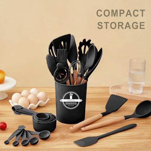 Gaixvny Kitchen Utensils Set - 34 PCS Non-Stick Silicone Cooking Utensils Set Spatula Set with Holder, Wooden Handle Spoon,Brush,Whisk Kitchen Gadgets Tools Set for Nonstick Cookware (Black-34P) - My Kitchen Products