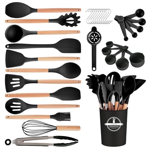 Gaixvny Kitchen Utensils Set - 34 PCS Non-Stick Silicone Cooking Utensils Set Spatula Set with Holder, Wooden Handle Spoon,Brush,Whisk Kitchen Gadgets Tools Set for Nonstick Cookware (Black-34P) - My Kitchen Products