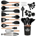 Gaixvny Kitchen Utensils Set - 34 PCS Non-Stick Silicone Cooking Utensils Set Spatula Set with Holder, Wooden Handle Spoon,Brush,Whisk Kitchen Gadgets Tools Set for Nonstick Cookware (Black-34P) - My Kitchen Products
